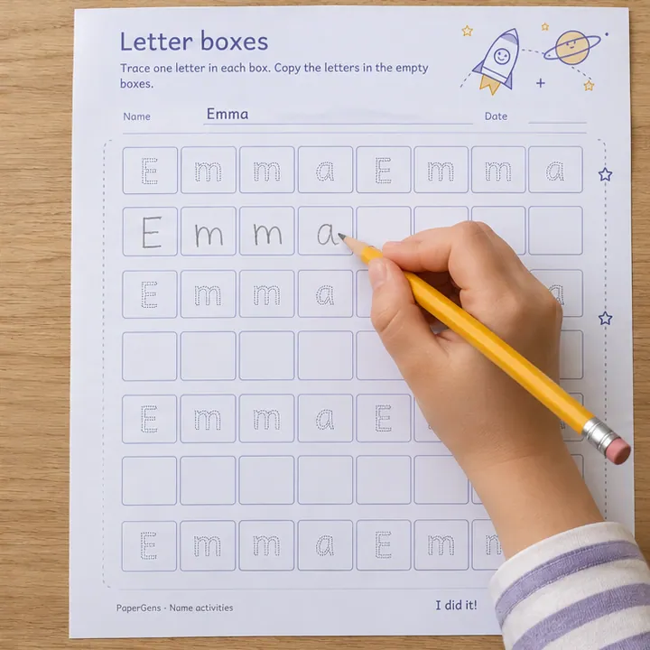 Letter boxes use example: Copy into the empty boxes.