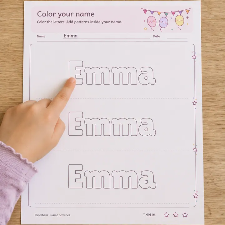 Color your name use example: Find the letters in the name.