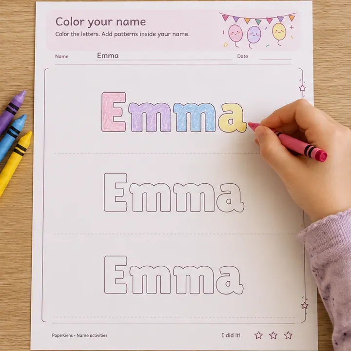 Color your name use example: Fill the first bubble name.