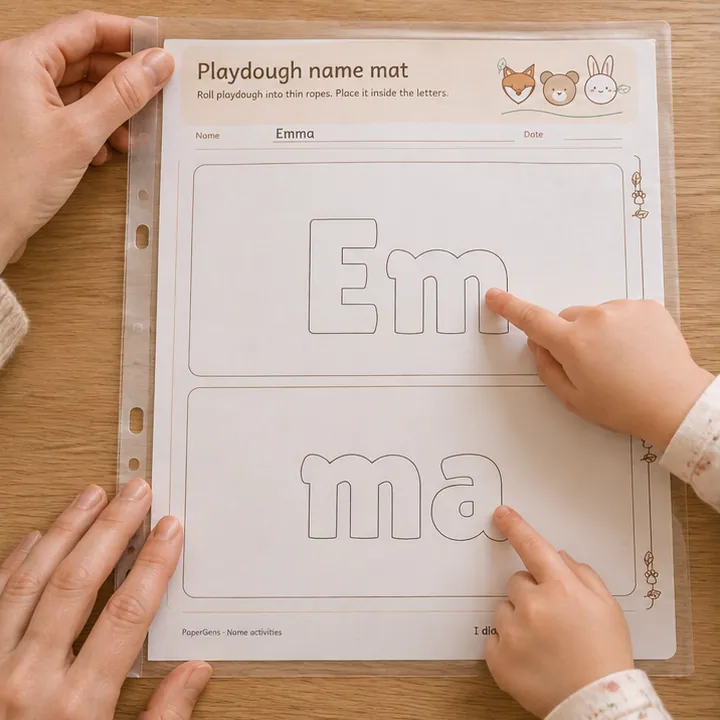 Playdough name mat use example: Protect the printed mat.