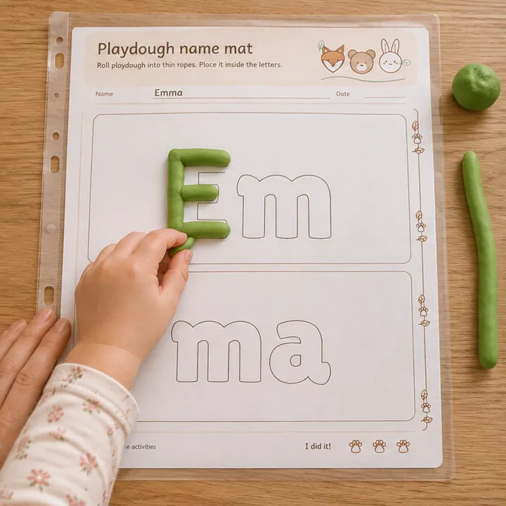 Playdough name mat use example: Roll and shape the dough.