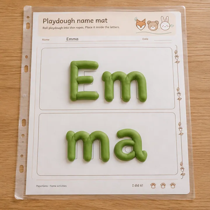 Playdough name mat use example: Build the rest of the name.