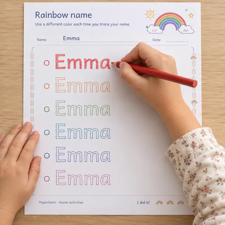 Rainbow name use example: Trace one outlined name.